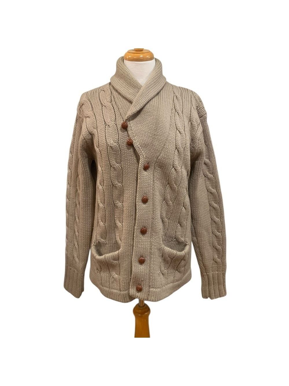 Vntg 80’s Racquet Club 100% wool shawl collar cable knit long sleeved sweater L